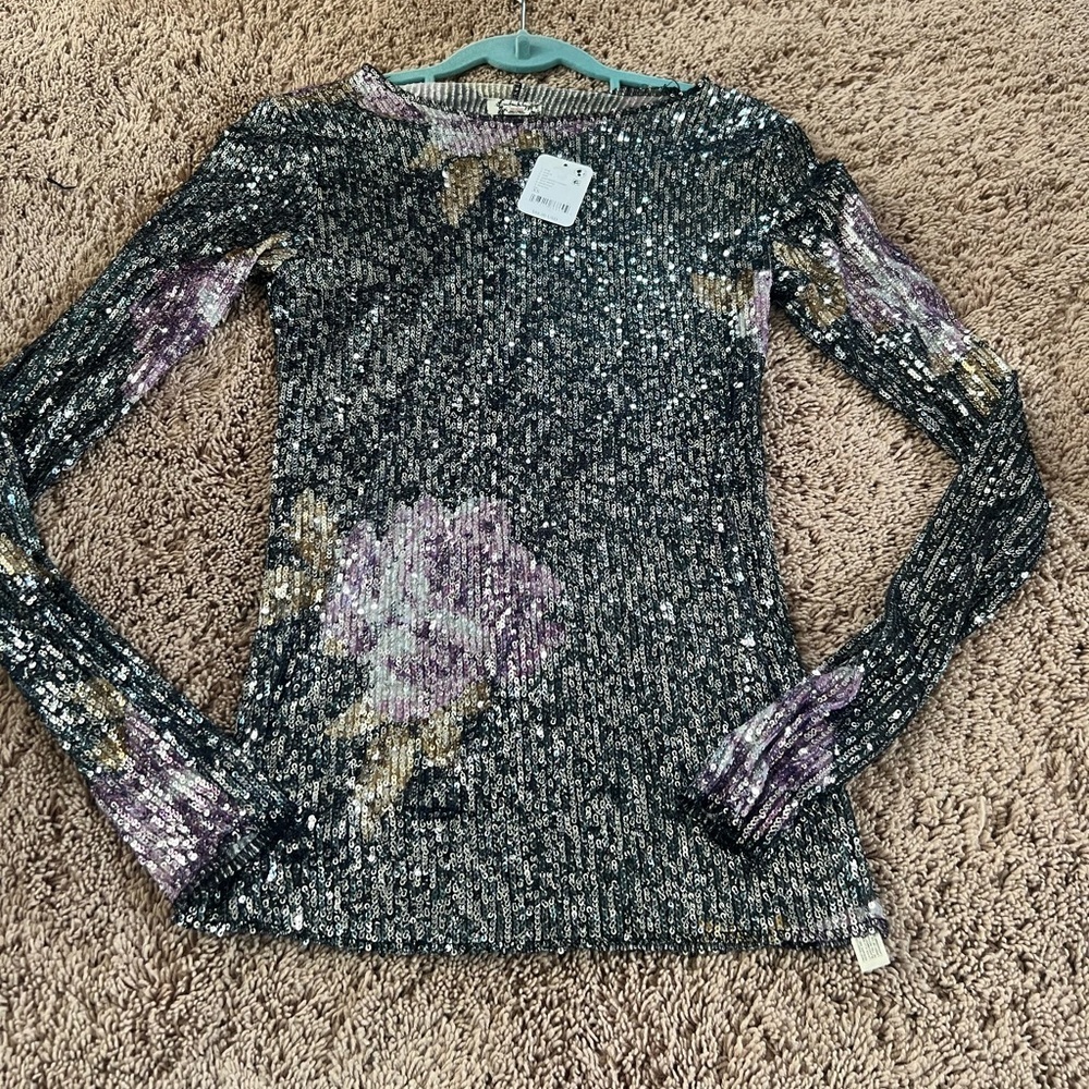 NWT new XS free people Gold Rush Floral Sequin Long Sleeve Top black purple - Picture 9 of 15